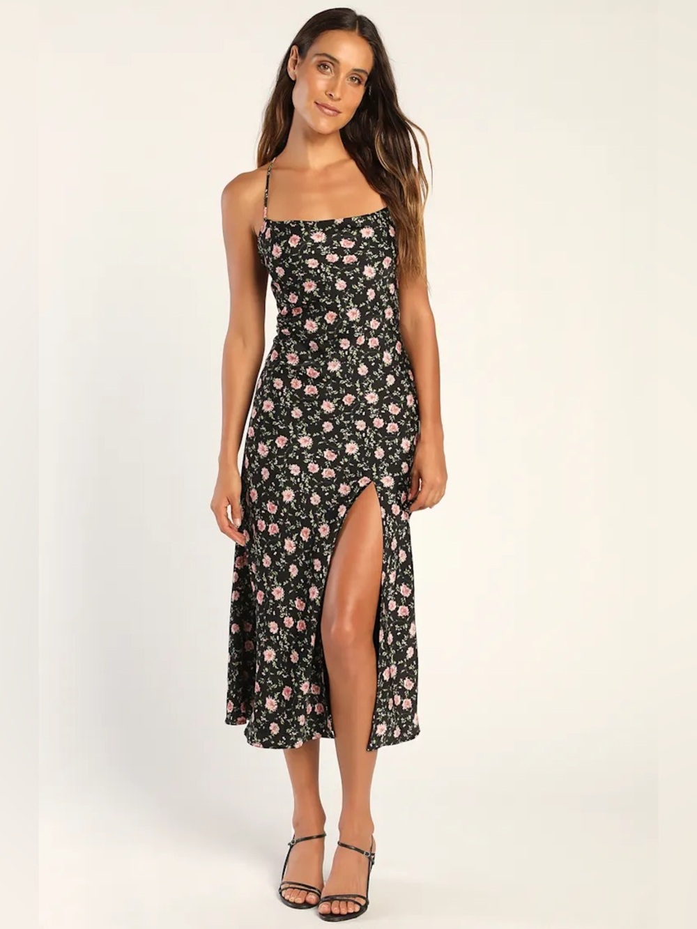 Lulu's Black Floral midi dress it’s cowl neck